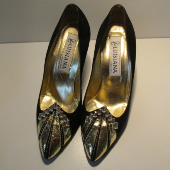 Vintage Black Leather Suede Pumps with Rhinestone Application, Size 36.5 - Picture 2 of 10